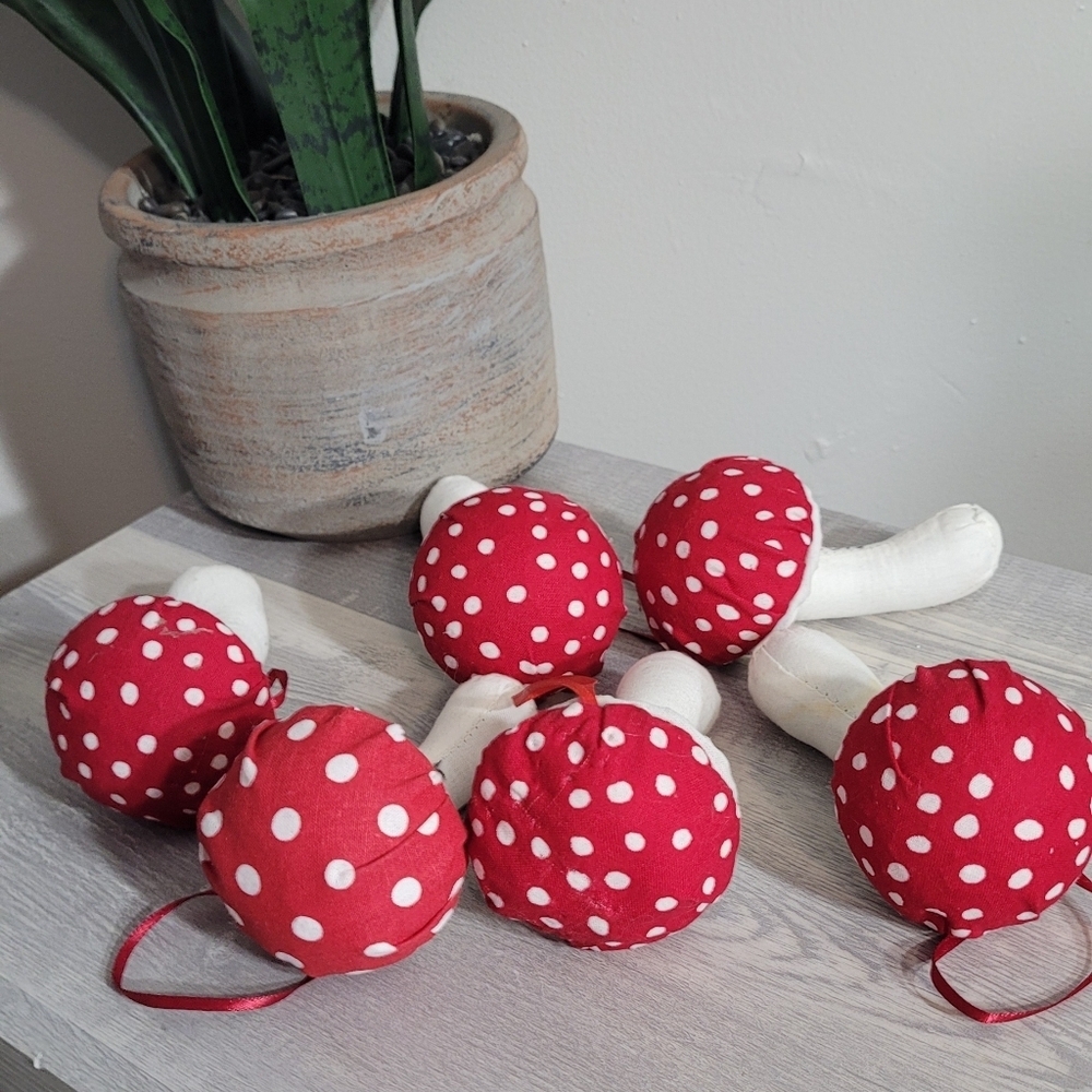 Handmade Red and White Polka Dot Mushroom Ornaments Set Of 6